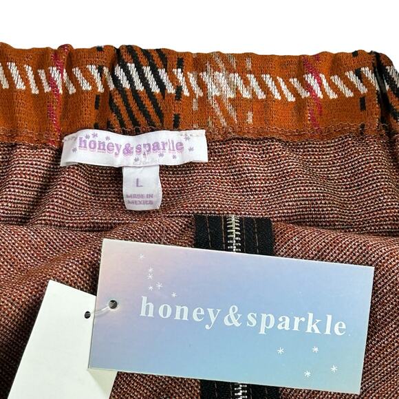 Honey & Sparkle Skirtall Size Large Orange Plaid Zip Front Pockets Elastic Waist - Picture 10 of 12